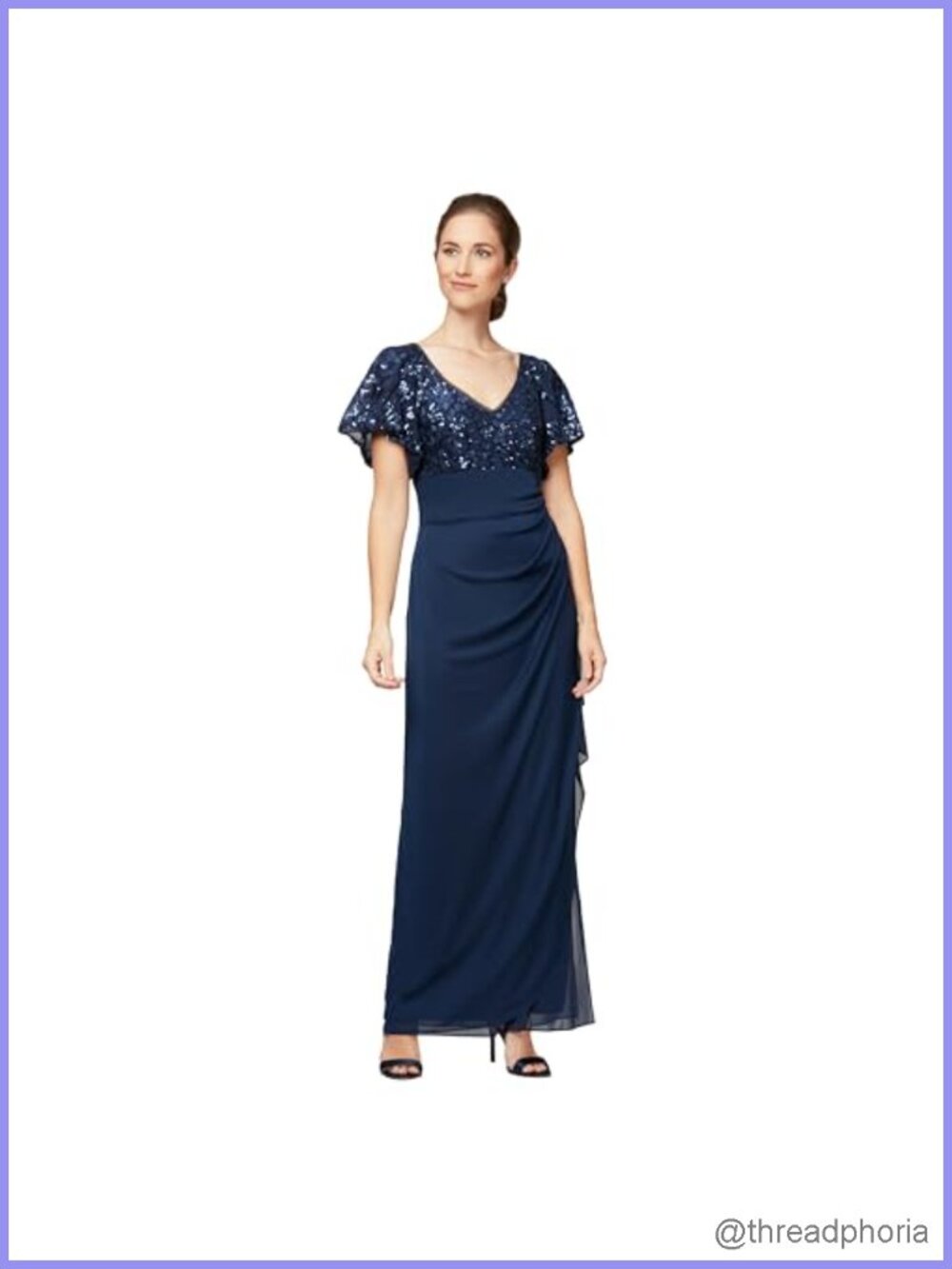 Empire Waist Long Sequin Bodice Dress Flutter Sleeves